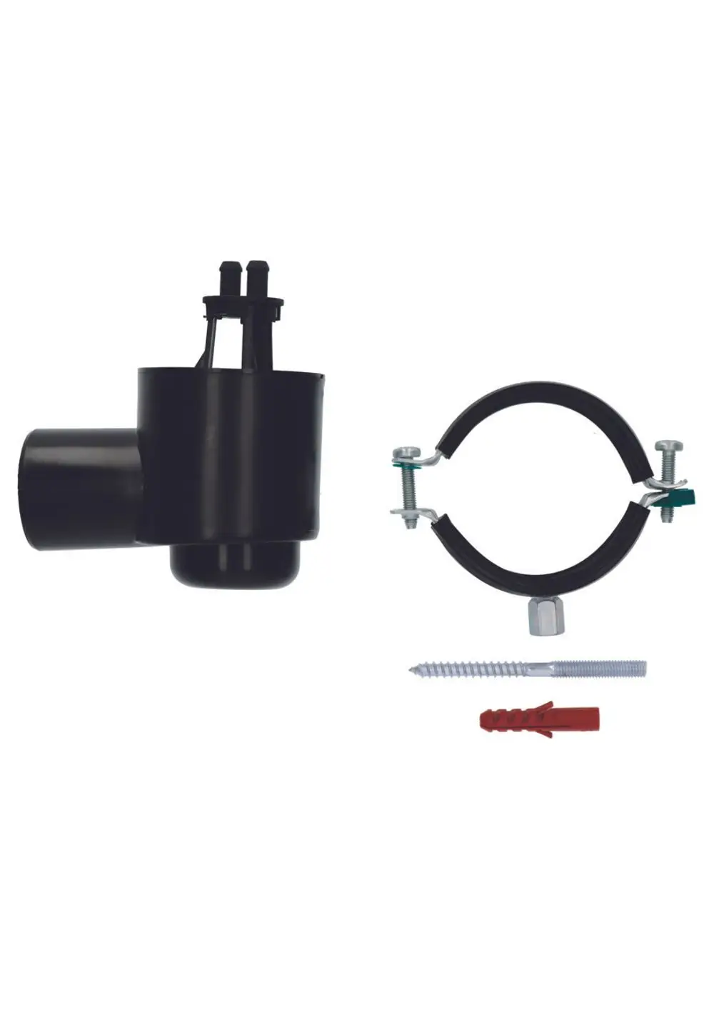 JUDO Siphon-Ersatzteilset mit einem Anschluss für Schläuche, Schrauben und einer Halterung. Teile für die Installation oder Reparatur in Abwassersystemen.